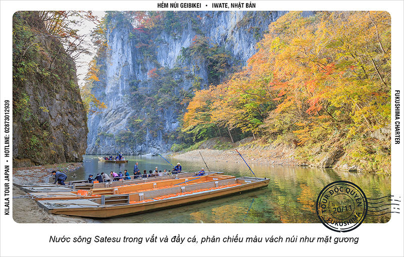 Nước sông Satesu trong vắt đầy cá, phản chiếu màu vách núi như mặt gương
